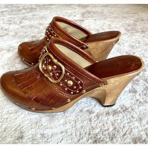 rare michael kors vintage western clogs slip-on wood heels sz 7.5 leather fringe